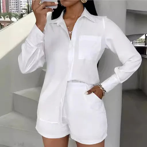 Women Solid Two Piece Set Shirt Tops