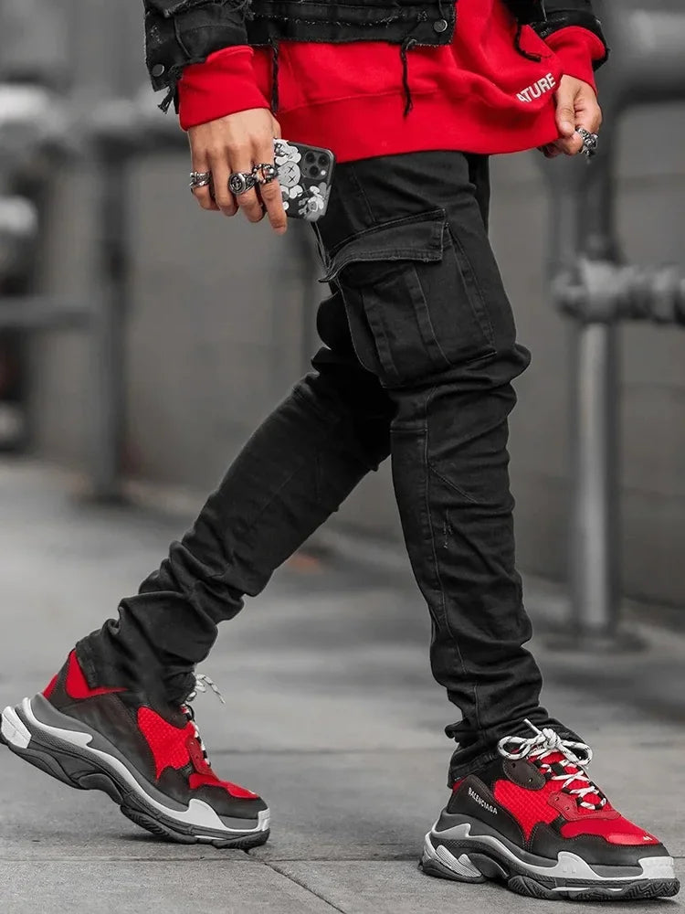 Men Solid Color Multi Pockets Casual Trousers