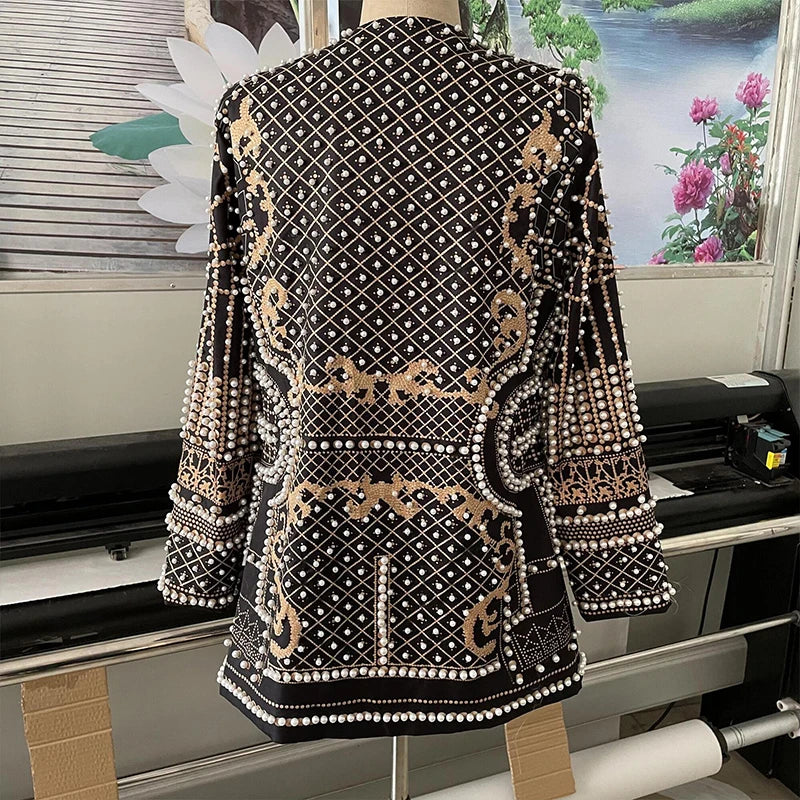 Women V-Neck Retro Long Sleeved Bubble Bead Coat