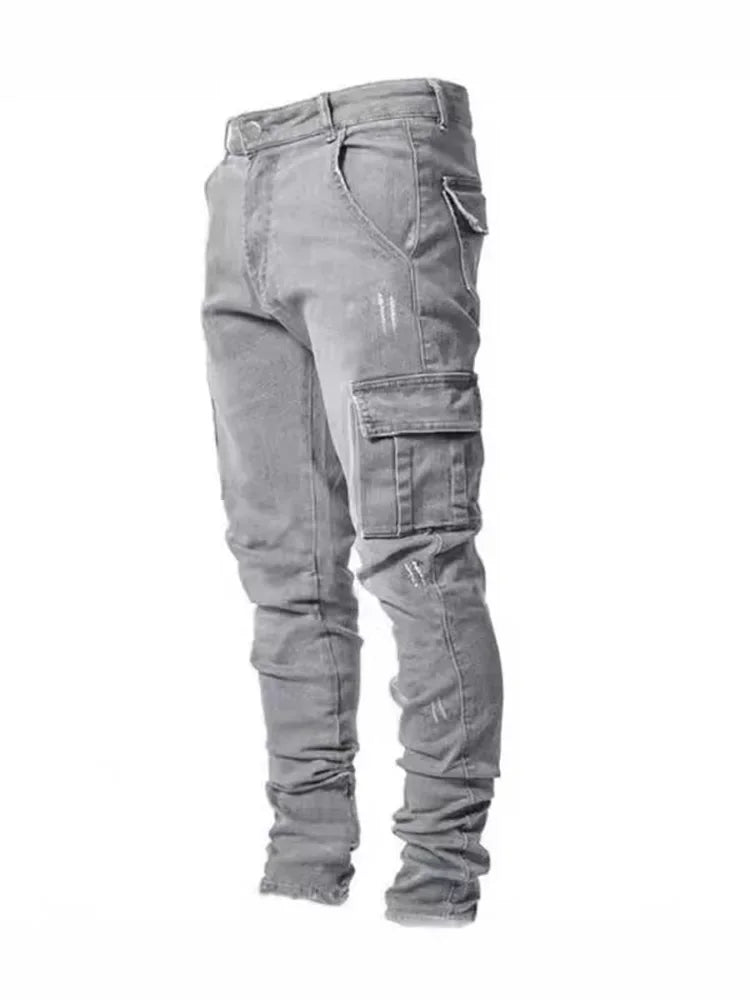 Men Solid Color Multi Pockets Casual Trousers