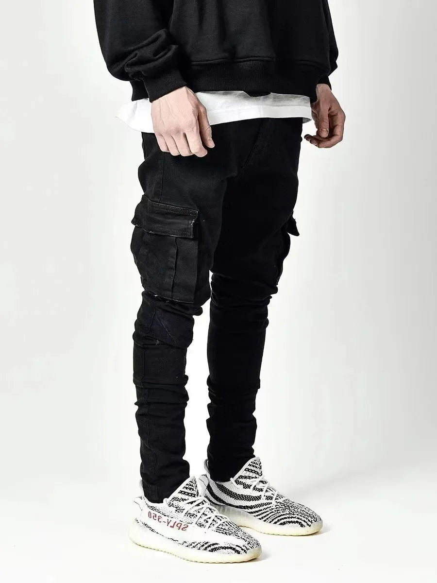 Men Solid Color Multi Pockets Casual Trousers