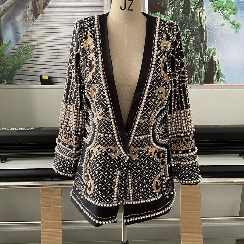 Women V-Neck Retro Long Sleeved Bubble Bead Coat